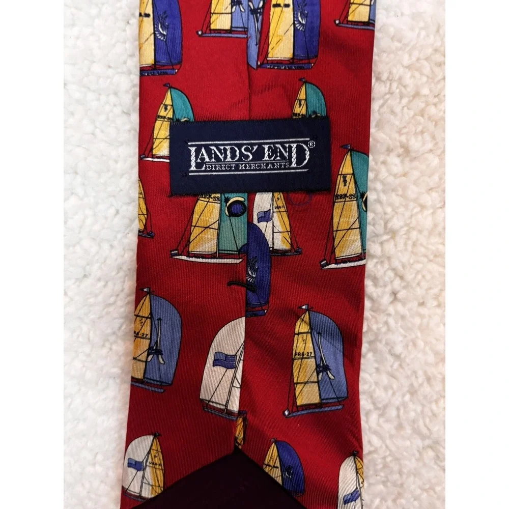 Lands' End Sailboat Silk Tie Mens Red Blue Yellow Nautical Made in USA Excellent